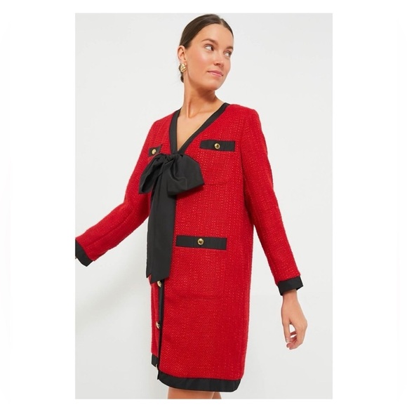 Tuckernuck Pomander Place Coco Tweed Bow Mini Dress in Red Sz Small - Picture 2 of 8